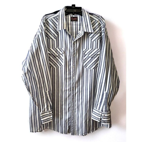 Vintage Plains Western Shirt XXXLT Blue Striped Pearl Snap Cowboy Rockabilly 3xl - Picture 1 of 7